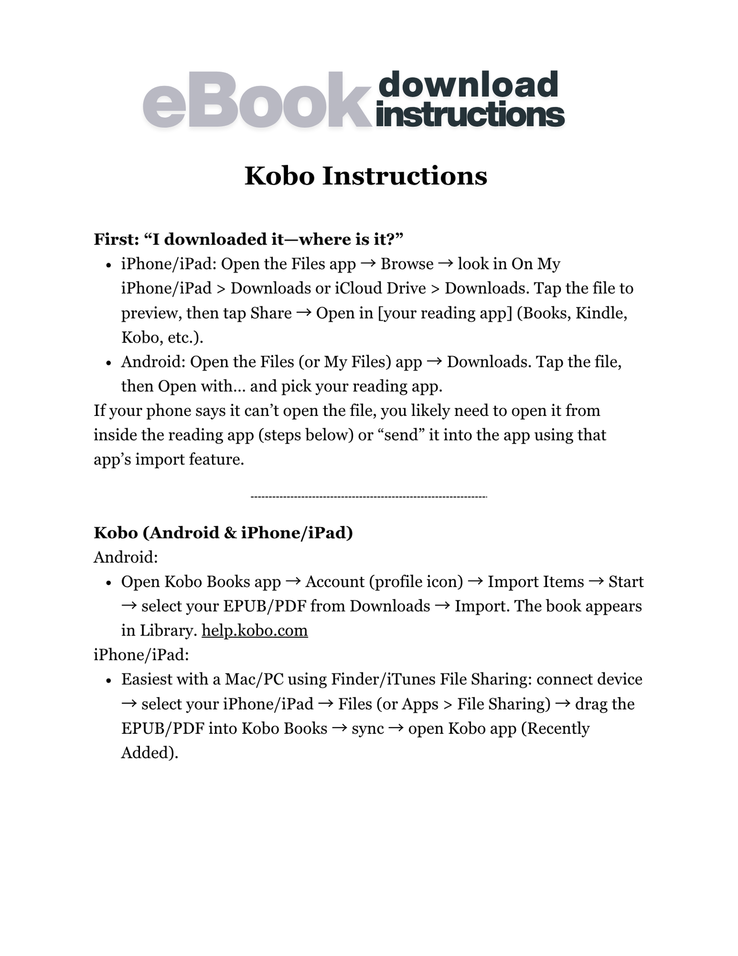 KOBO Download Instructions